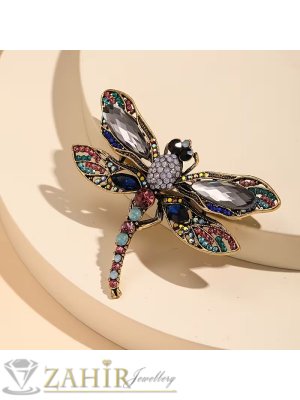 Изящна изработка кристално водно конче на златиста брошка 6,8 на 5 см с разноцветни кристали - B1583